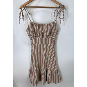 Speechless Shoulder Ties Striped Mini Sun Dress Brown/Cream Juniors Size Medium